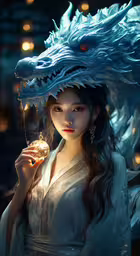 a chinese princess with the face of a dragon on her head,a woman dressed in a white costume and a dragon head