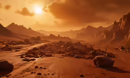 the sun rising over mountains and a road in the desert