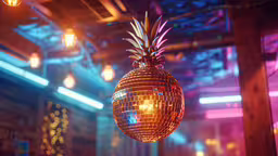 a disco ball hanging from the ceiling of a disco room,a mirrored disco ball hanging from a ceiling