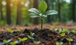 an empty plant grows in a dirt bed with green leaves
