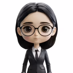 the office woman doll is wearing black glasses