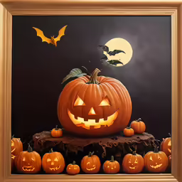 a painting of a pumpkin with the moon and bats