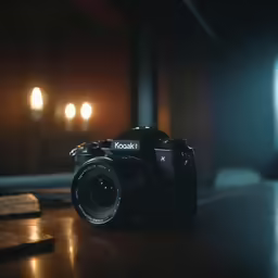 a camera sits on a table in a dark room