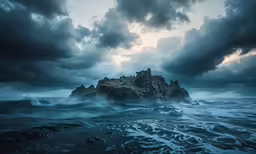 a small island is on an overcast day