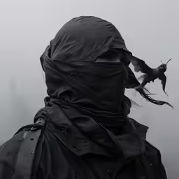 a person wearing a black coat with hood on his head