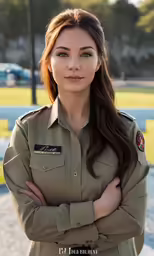 a woman in military clothing is standing outdoors