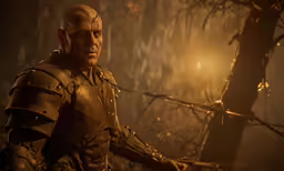 a man in armor stands near a tree in a forest