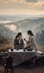 two women sitting at a picnic table talking and eating food