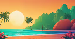 a sunset scene of the person in the water,a painting of a man walking along the beach