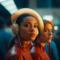 two women with headphones looking ahead while standing side by side