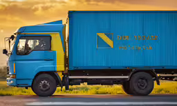 a blue freight truck drives on the street,the large blue semi truck has yellow accents