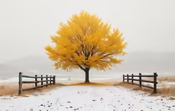 a snowy road surrounded by trees with yellow leaves
