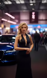 a woman wearing a black dress in front of a car