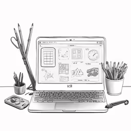 a pen, cup of pencils and an open laptop computer on top of a desk