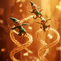 three action figures in the air with shiny string