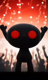 a little black toy with bright red eyes in front of a crowd