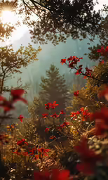sun peeking through the trees and red wild flowers