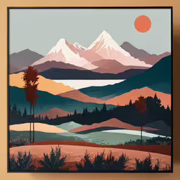 a framed painting depicting mountains and trees on a wall,a picture with an mountain in the background