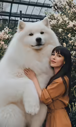 a woman holding a large white dog beside pink flowers