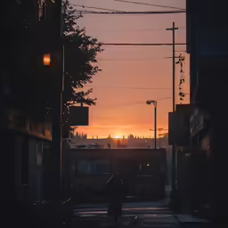 a lone person is walking down a street with a street light and train