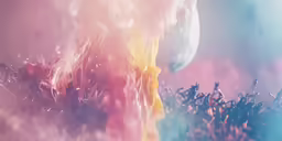 the abstract painting shows blue and pink colors