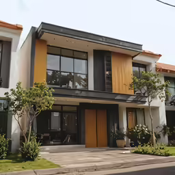 a large house with wooden doors on the windows