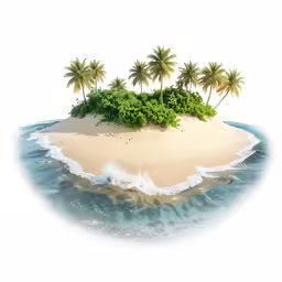 a single island with three palm trees in the ocean