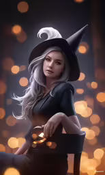a woman in a witches hat sitting on a chair