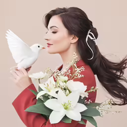 a woman in red is holding a white dove