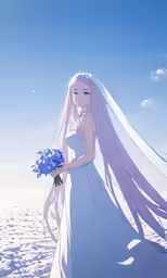 a bride holding a bouquet stands in the snow