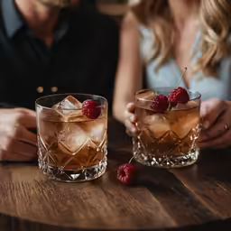 man and woman holding two glasses of alcohol with raspberries