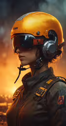 a woman wearing an air - traffic uniform with a helmet and a pair of headphones,the girl in a helmet has sunglasses on
