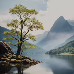 a beautiful scene with a lone tree in a mountain lake