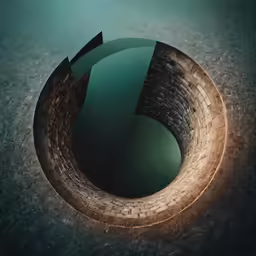 a circle of some sort with a reflection of a building