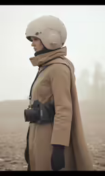 woman in a beige coat and hat with camera