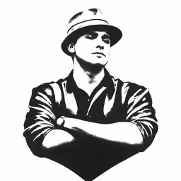 a black and white photo of a man wearing a fedora