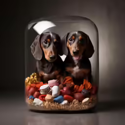 two puppies sit under a glass container filled with pills