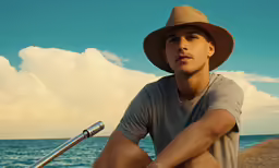 a man on a boat in the water wearing a hat and sitting down