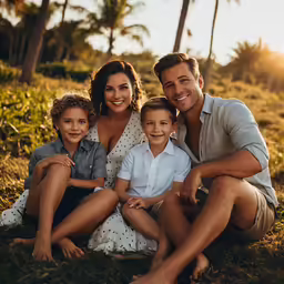 a family with two boys in front of them
