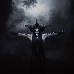 a demon standing in a dark forest with his arms spread out
