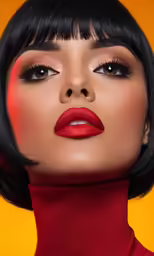 a young woman with short black hair and red lipstick, wearing red dress and wearing a dark bobble hat