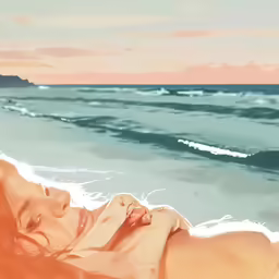 a woman laying on the beach at dusk