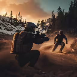 two men are running across a dusty, snow - covered road