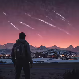 a man is looking into the distance at dusk