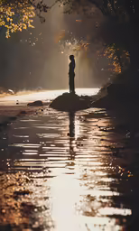 a person is standing on rocks near a body of water