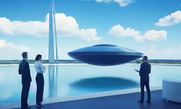 three men in business suits looking at a flying object