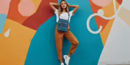 woman leaning against colorful wall with white shoes