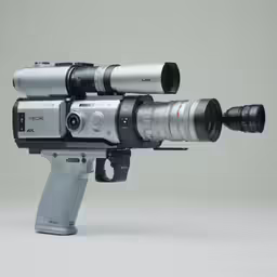 a silver and black video camera sitting next to a lens