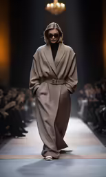 a model wearing an oversized coat and dress walking on a runway