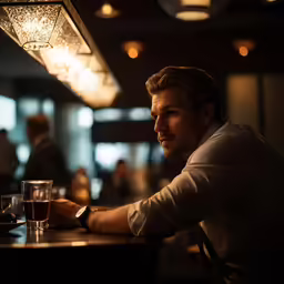 a man sitting at a bar with two glasses of beer